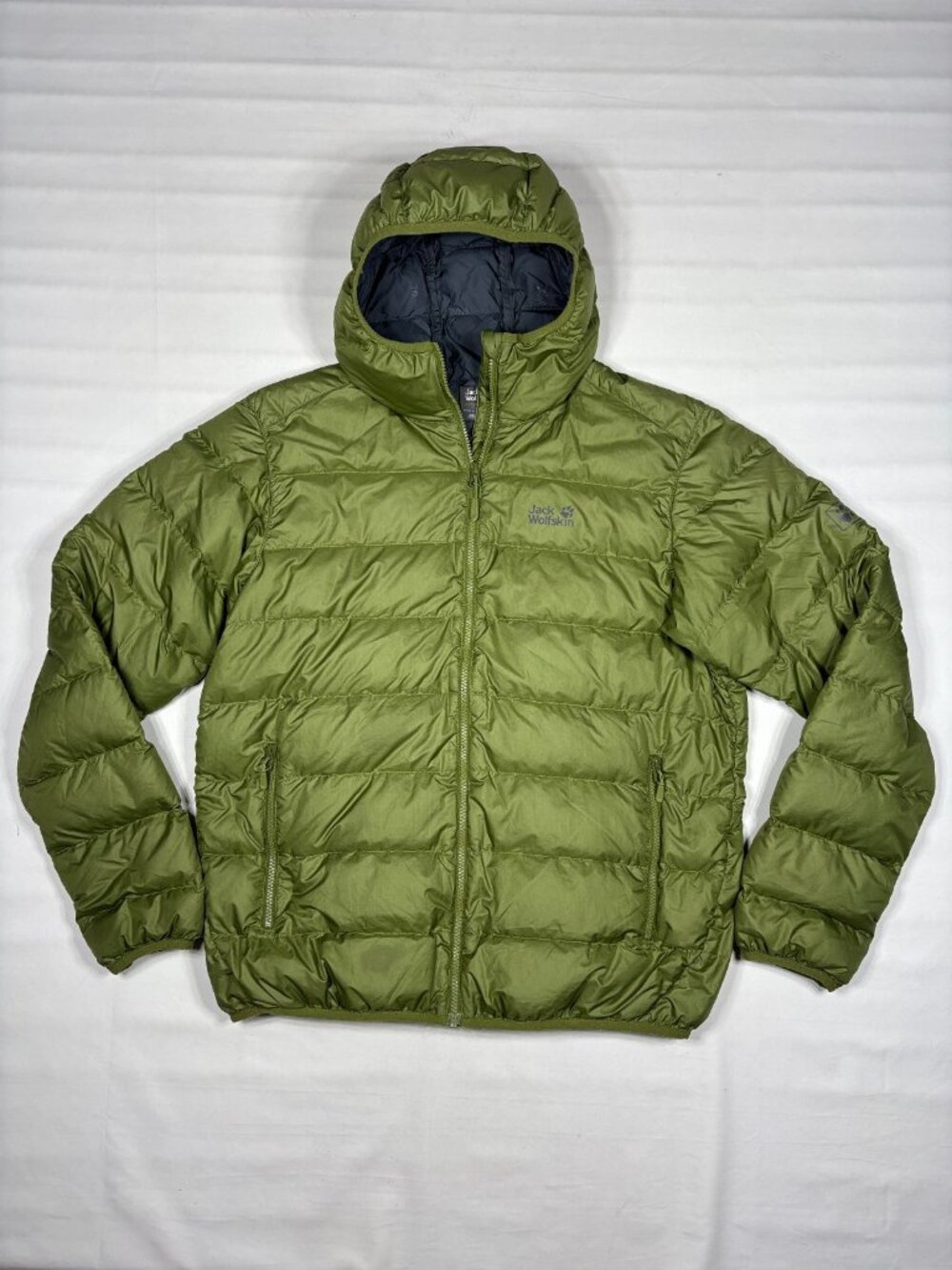 Jack Wolfskin Helium Down Jacket Olive Green Puffer Hooded Mens XL Extra Large